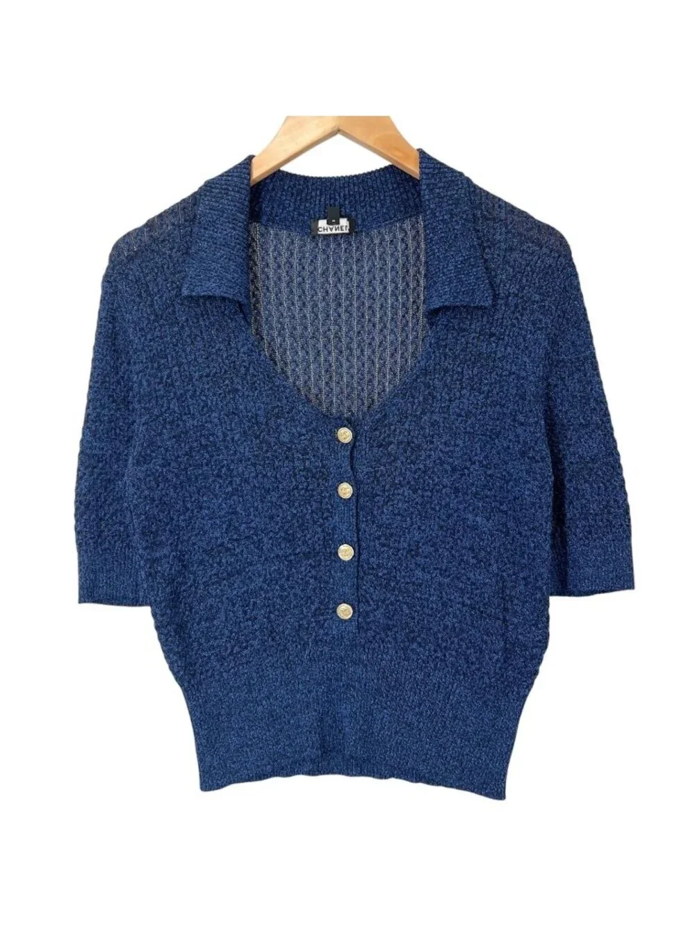Chanel SS Short Sleeve Knit Silk Blue CC Logo Button Sweater 38
